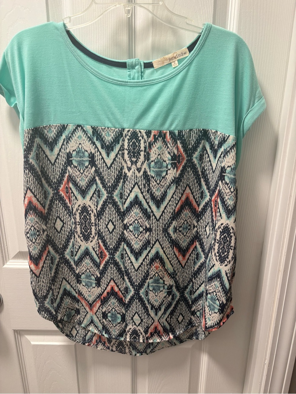 Rewind Mint Short Sleeve Top with Aztec Print Panel